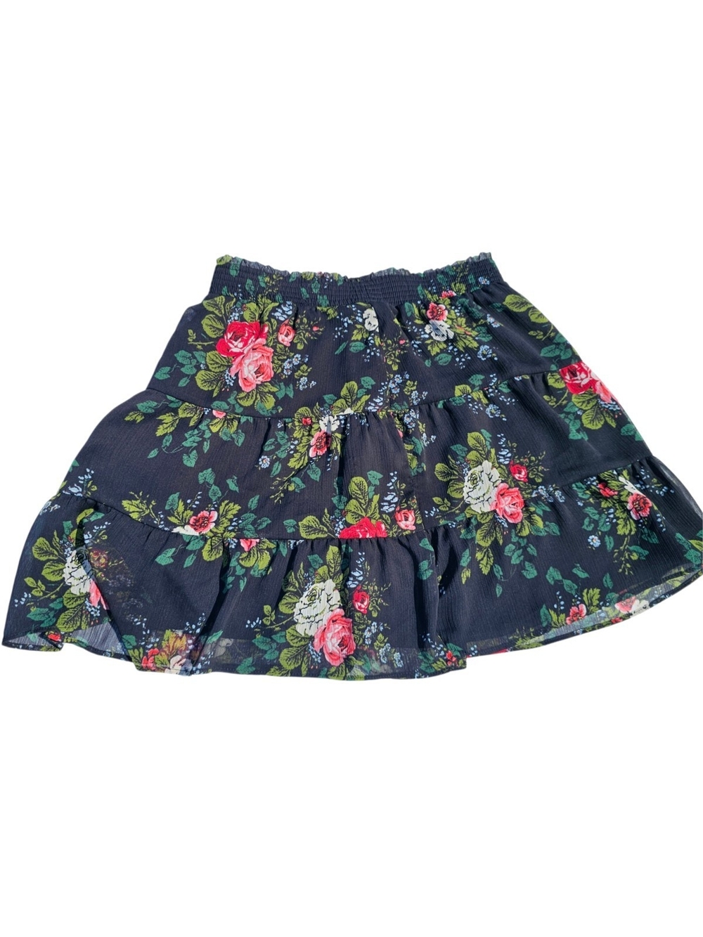 LOFT Black Floral Tiered Smocked Mini Skirt XSP